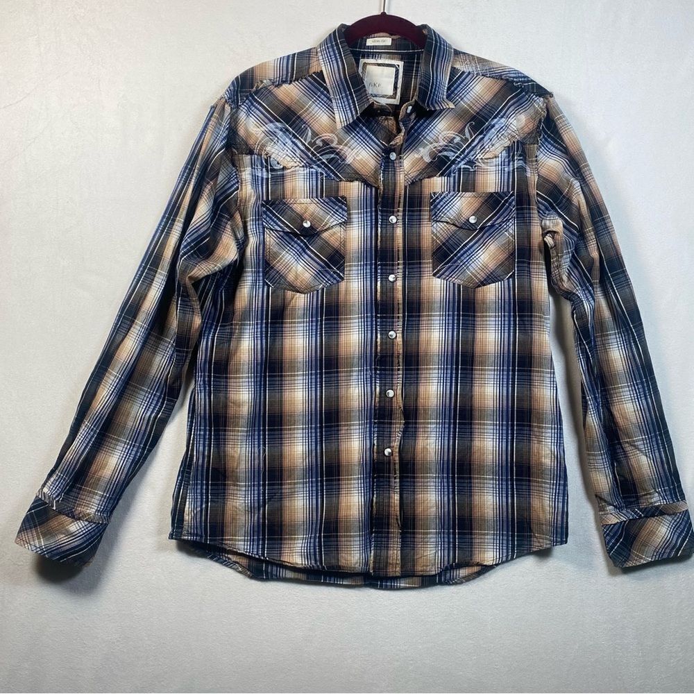 BKE Slim Fit Long Sleeve Snap Down Plaid Western Style Shirt Size Large